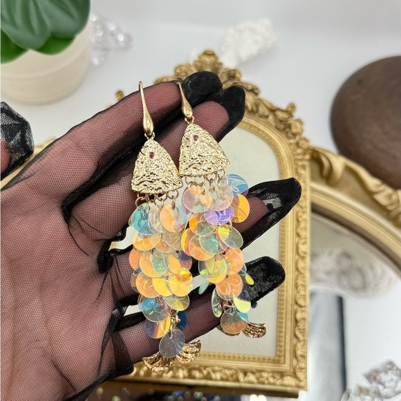 Gold Iridescent Fish Dangle Earrings | Unique Textured Design - Picture 5 of 9